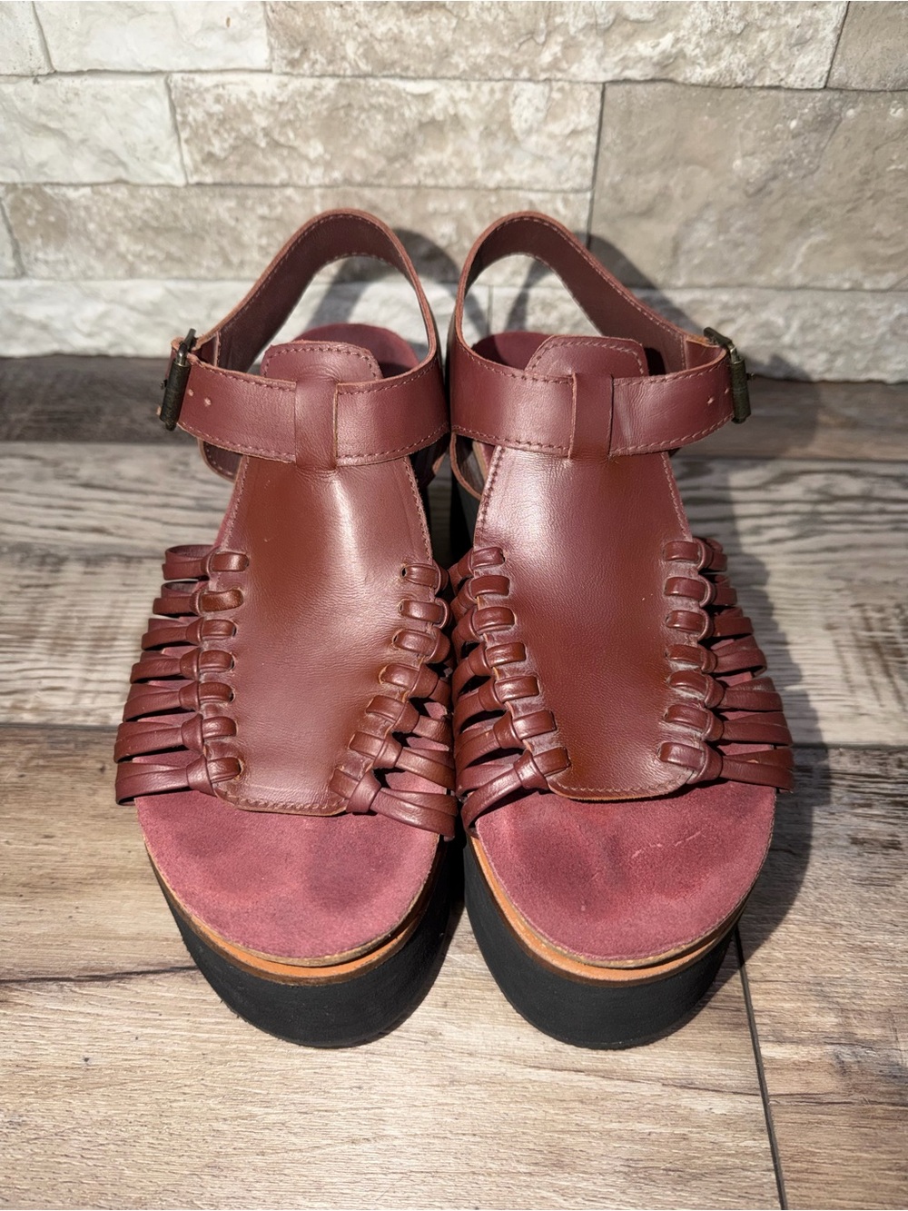 Free People Ava Platform Sandal Burgundy Huarache Weaved Leather 38 - Picture 4 of 8
